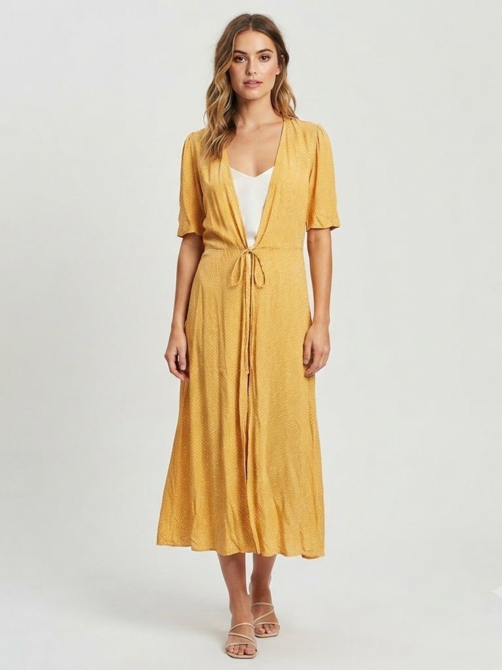 Ove.the Yellow Polka Dot Tie-Front Midi Dress Free Size
